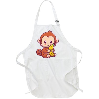 Cute Monkey Holding Banana Cartoon Full-Length Apron With Pockets