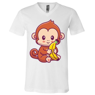 Cute Monkey Holding Banana Cartoon V-Neck T-Shirt