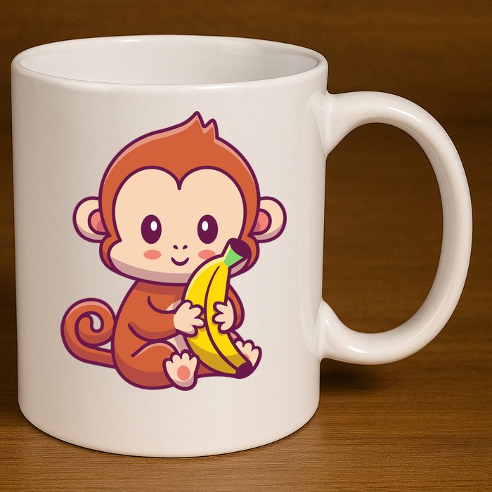 Cute Monkey Holding Banana Cartoon 11oz C Handle Ceramic Mug