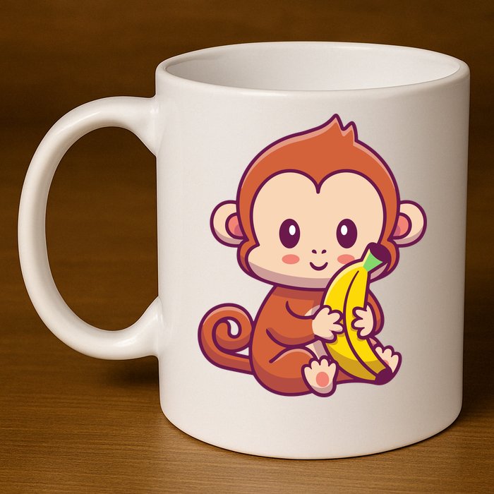 Cute Monkey Holding Banana Cartoon 11oz C Handle Ceramic Mug