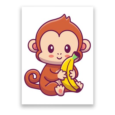Cute Monkey Holding Banana Cartoon Poster