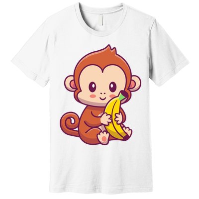 Cute Monkey Holding Banana Cartoon Premium T-Shirt