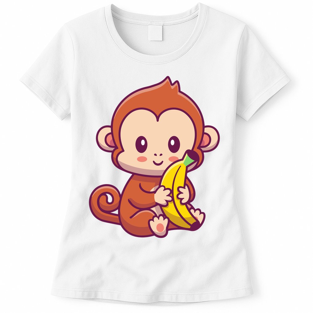 Cute Monkey Holding Banana Cartoon Womens T-Shirt