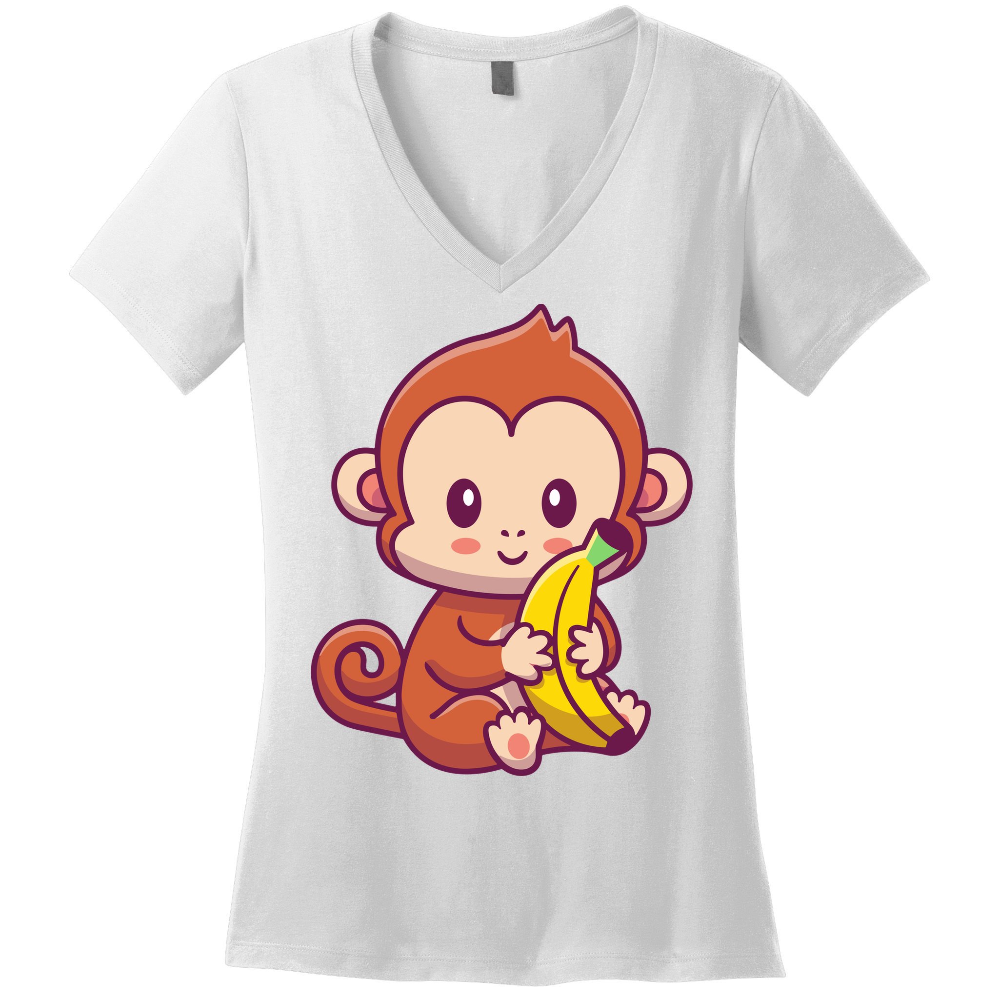 Cute Monkey Holding Banana Cartoon Women's V-Neck T-Shirt