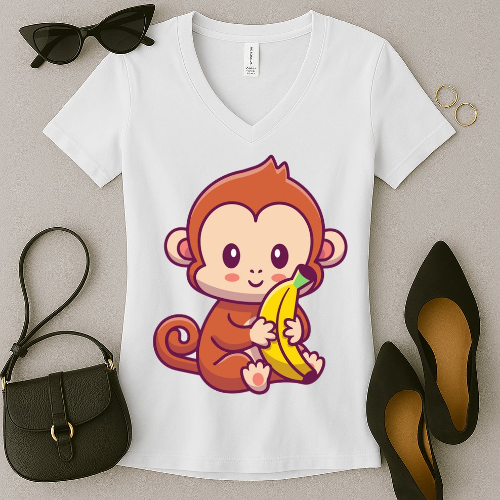 Cute Monkey Holding Banana Cartoon Women's V-Neck T-Shirt