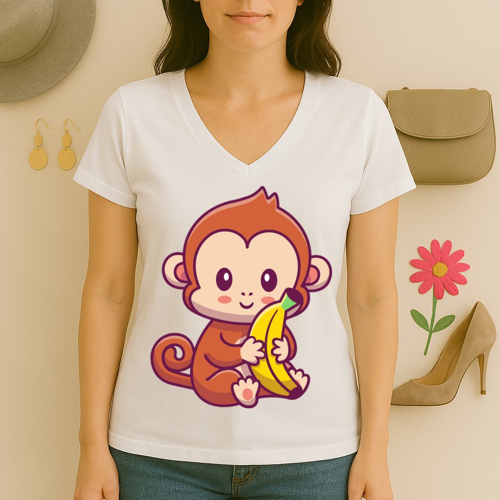 Cute Monkey Holding Banana Cartoon Women's V-Neck T-Shirt