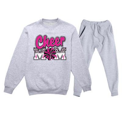 Cheer Mom Hot Pink Black Leopard Letters Cheer Pom Poms Premium Crewneck Sweatsuit Set