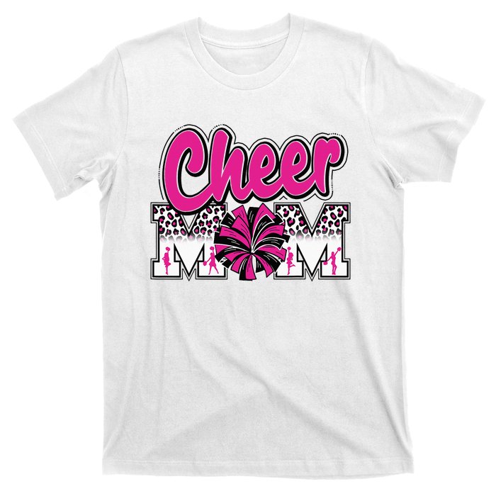 Cheer Mom Hot Pink Black Leopard Letters Cheer Pom Poms T-Shirt