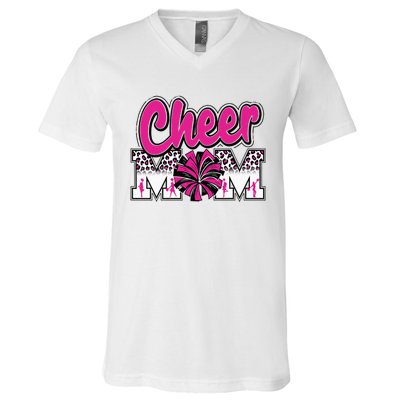 Cheer Mom Hot Pink Black Leopard Letters Cheer Pom Poms V-Neck T-Shirt