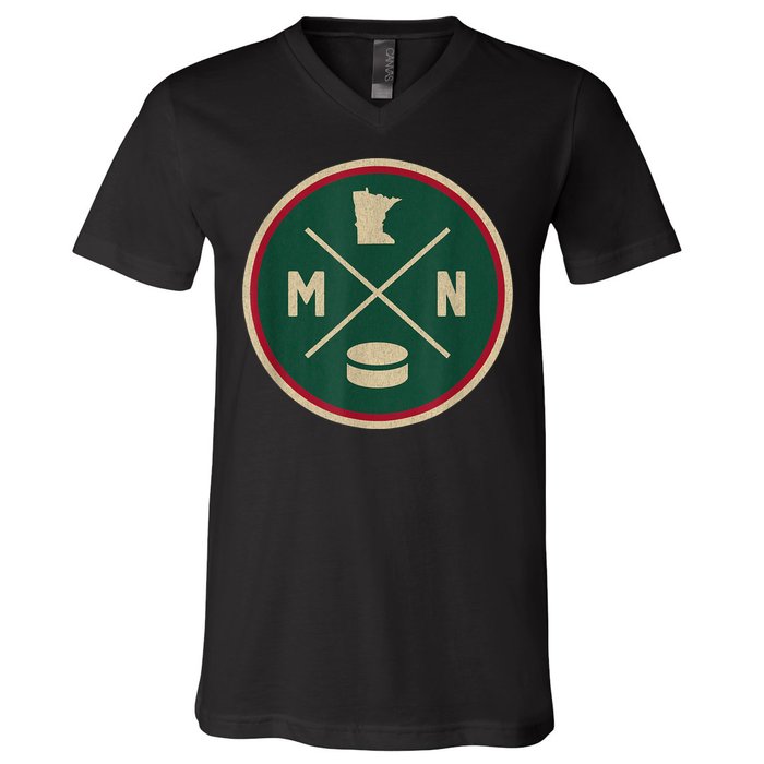 Classic Minnesota Hockey MN Outline V-Neck T-Shirt