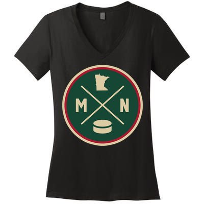 Classic Minnesota Hockey MN Outline Women's V-Neck T-Shirt