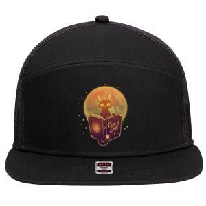 Cute Mystical Halloween Book Of Spells Cat 7 Panel Mesh Trucker Snapback Hat