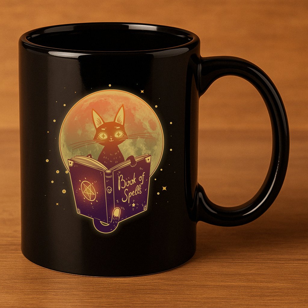 Cute Mystical Halloween Book Of Spells Cat 11oz C Handle Ceramic Mug
