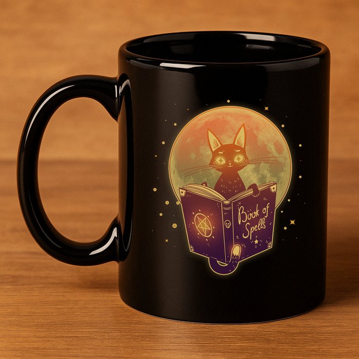 Cute Mystical Halloween Book Of Spells Cat 11oz C Handle Ceramic Mug