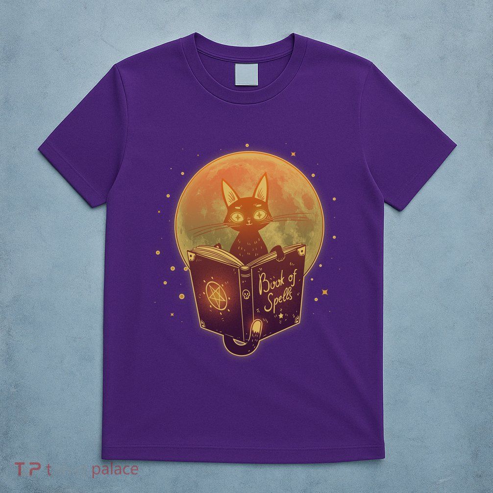 Cute Mystical Halloween Book Of Spells Cat T-Shirt