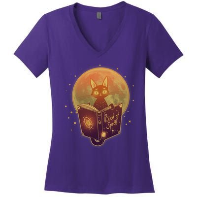 Cute Mystical Halloween Book Of Spells Cat Women's V-Neck T-Shirt