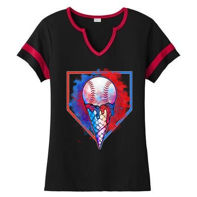 Cute Melting Ice Cream Baseball Ball Home Plate Ladies Halftime Notch Neck Tee