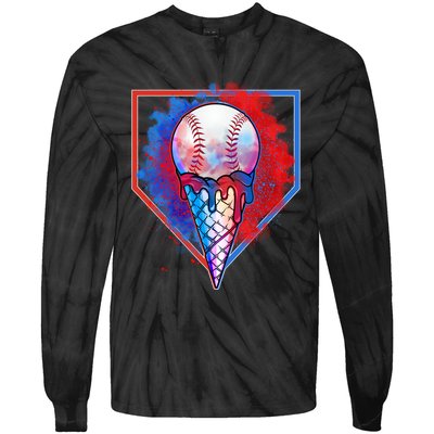 Cute Melting Ice Cream Baseball Ball Home Plate Tie-Dye Long Sleeve Shirt