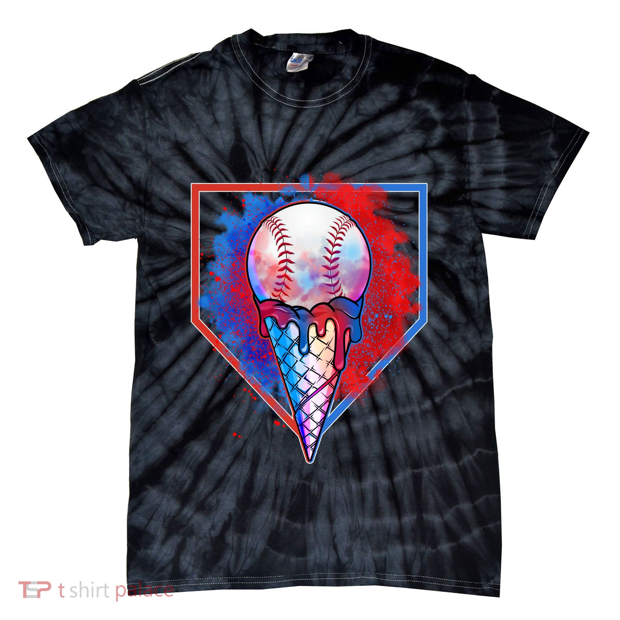 Cute Melting Ice Cream Baseball Ball Home Plate Tie-Dye T-Shirt