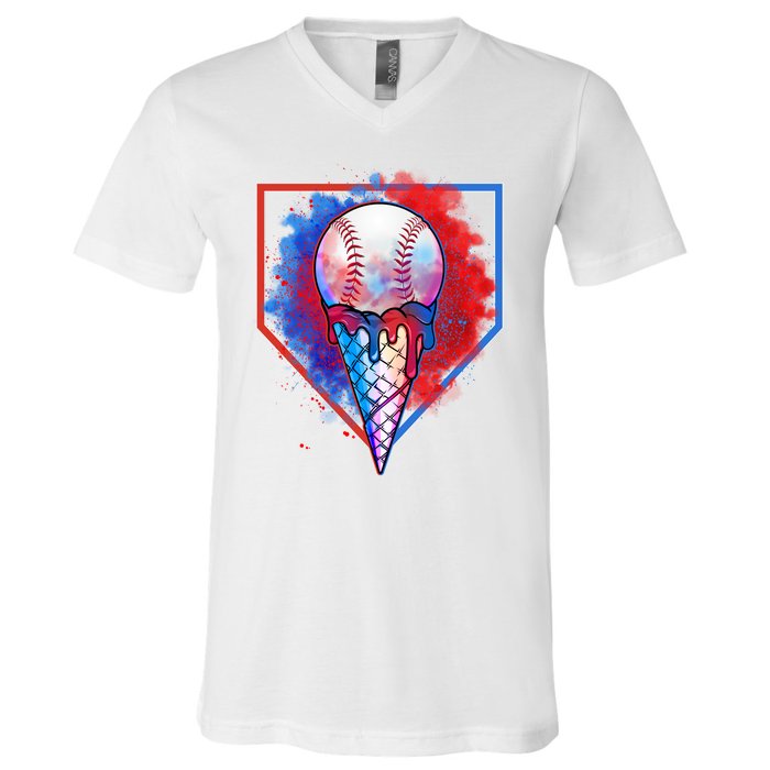 Cute Melting Ice Cream Baseball Ball Home Plate V-Neck T-Shirt