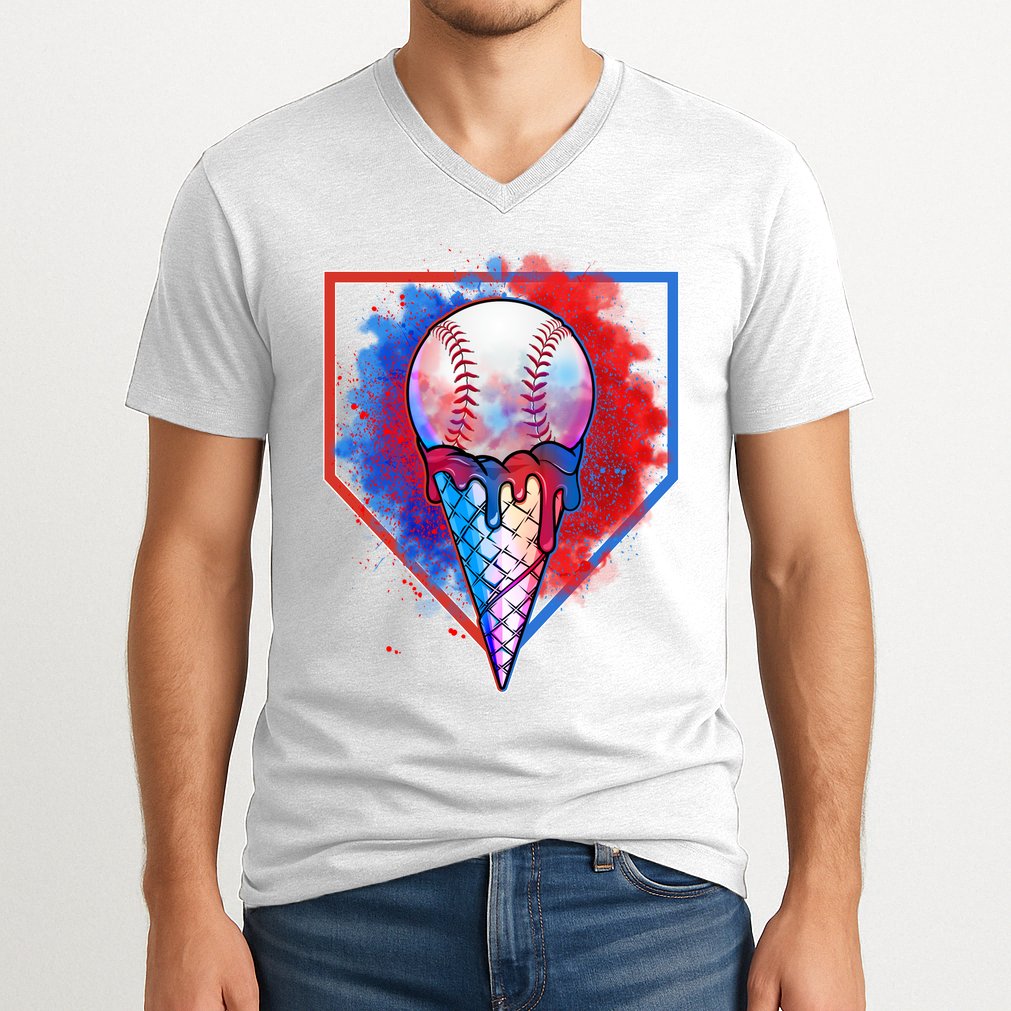Cute Melting Ice Cream Baseball Ball Home Plate V-Neck T-Shirt