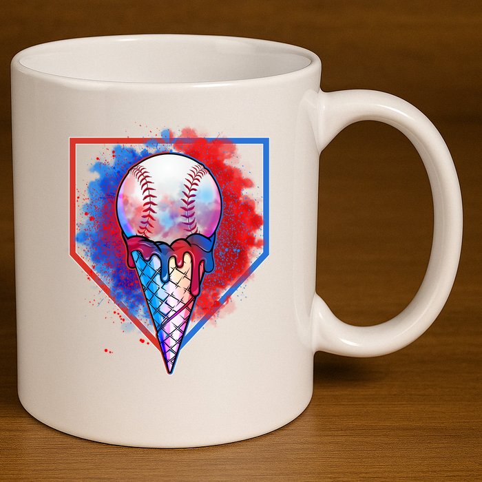 Cute Melting Ice Cream Baseball Ball Home Plate 11oz C Handle Ceramic Mug
