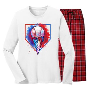 Cute Melting Ice Cream Baseball Ball Home Plate Women's Long Sleeve Flannel Pajama Set 