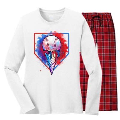 Cute Melting Ice Cream Baseball Ball Home Plate Women's Long Sleeve Flannel Pajama Set 