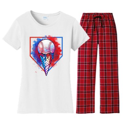 Cute Melting Ice Cream Baseball Ball Home Plate Women's Flannel Pajama Set