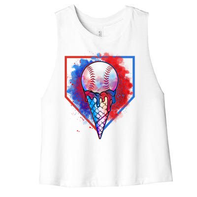 Cute Melting Ice Cream Baseball Ball Home Plate Women's Racerback Cropped Tank