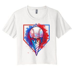 Cute Melting Ice Cream Baseball Ball Home Plate Women's Crop Top Tee