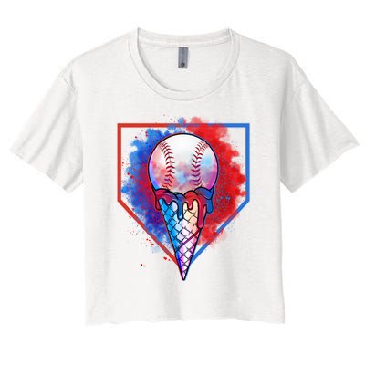 Cute Melting Ice Cream Baseball Ball Home Plate Women's Crop Top Tee