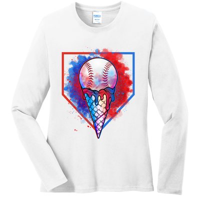 Cute Melting Ice Cream Baseball Ball Home Plate Ladies Long Sleeve Shirt