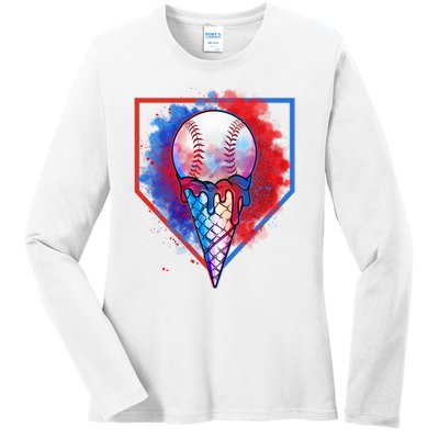 Cute Melting Ice Cream Baseball Ball Home Plate Ladies Long Sleeve Shirt