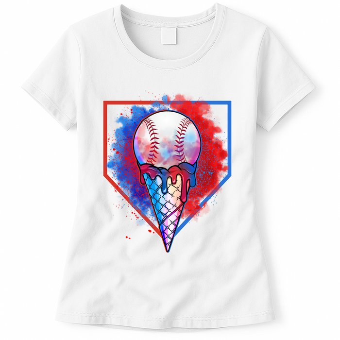 Cute Melting Ice Cream Baseball Ball Home Plate Womens T-Shirt