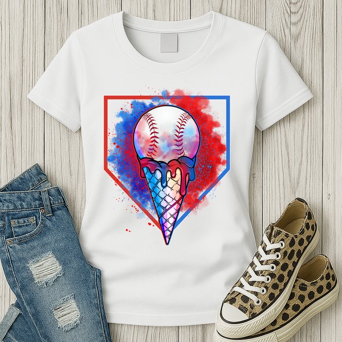 Cute Melting Ice Cream Baseball Ball Home Plate Womens T-Shirt