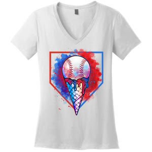 Cute Melting Ice Cream Baseball Ball Home Plate Women's V-Neck T-Shirt