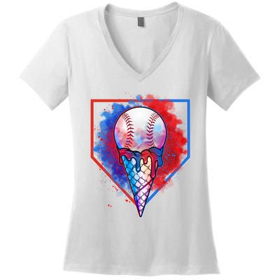 Cute Melting Ice Cream Baseball Ball Home Plate Women's V-Neck T-Shirt