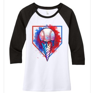 Cute Melting Ice Cream Baseball Ball Home Plate Women's Tri-Blend 3/4-Sleeve Raglan Shirt