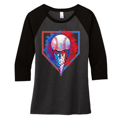 Cute Melting Ice Cream Baseball Ball Home Plate Women's Tri-Blend 3/4-Sleeve Raglan Shirt