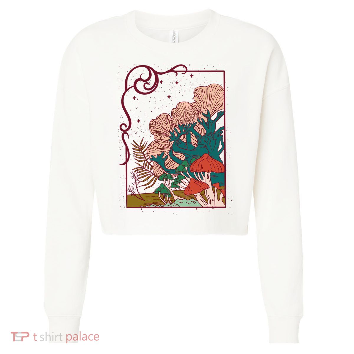 Cool Mushrooms Illustration Cropped Pullover Crew