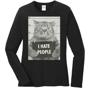 Cat Mugshot I Hate People Funny Gift Ladies Long Sleeve Shirt