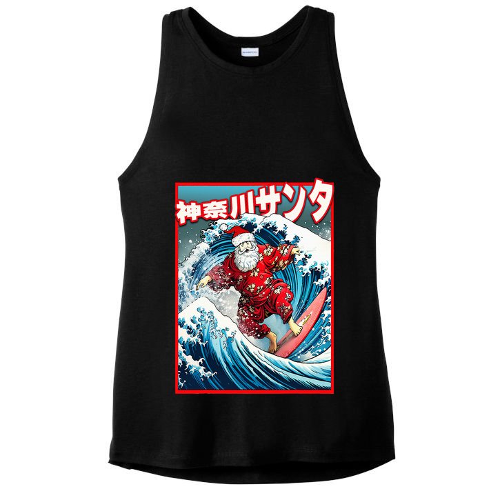 Christmas Meets Japanese Great Wave Santa Surfs Kanagawa Ladies PosiCharge Tri-Blend Wicking Tank