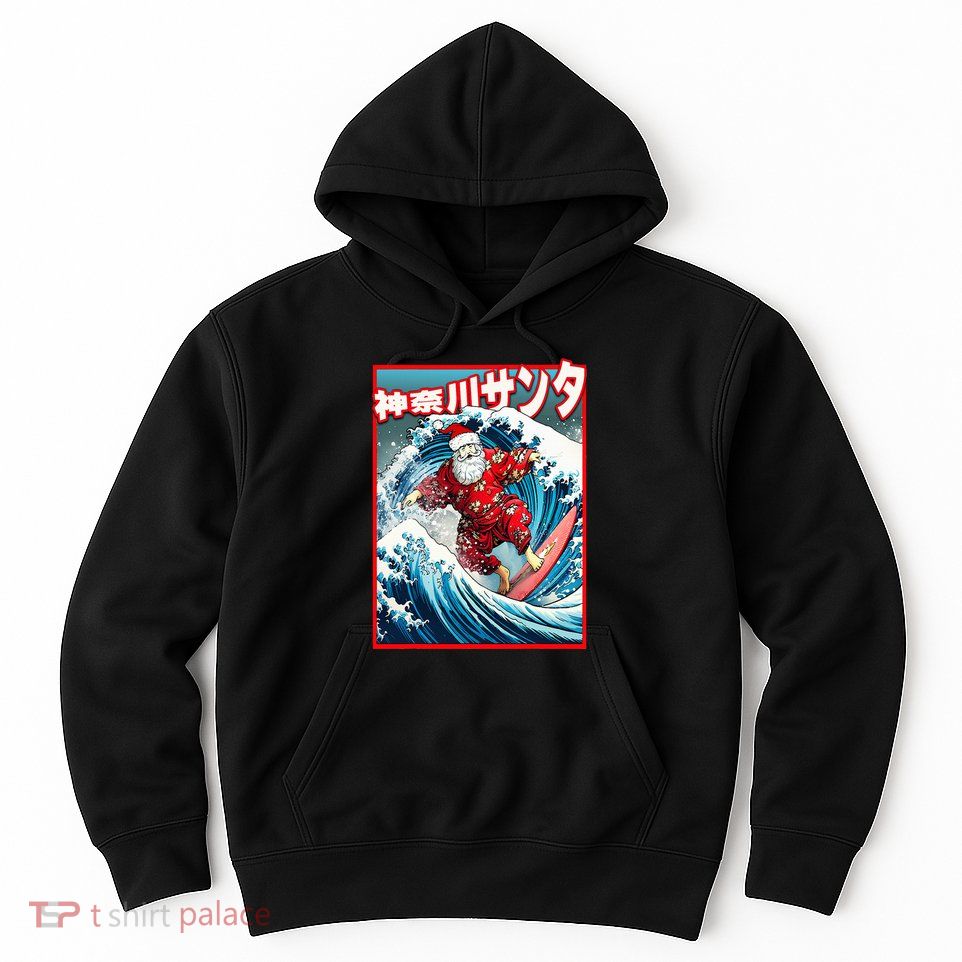 Christmas Meets Japanese Great Wave Santa Surfs Kanagawa Hoodie