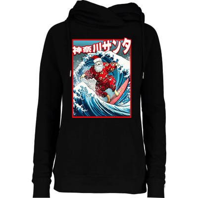 Christmas Meets Japanese Great Wave Santa Surfs Kanagawa Womens Funnel Neck Pullover Hood