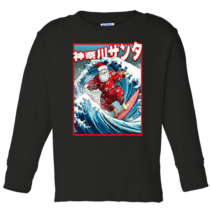 Christmas Meets Japanese Great Wave Santa Surfs Kanagawa Toddler Long Sleeve Shirt