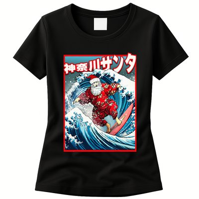 Christmas Meets Japanese Great Wave Santa Surfs Kanagawa Womens T-Shirt