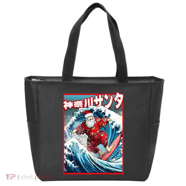 Christmas Meets Japanese Great Wave Santa Surfs Kanagawa Zip Tote Bag