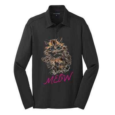 Cat Meow Kitty Funny Cats Mom And Cat Dad Gift Silk Touch Performance Long Sleeve Polo