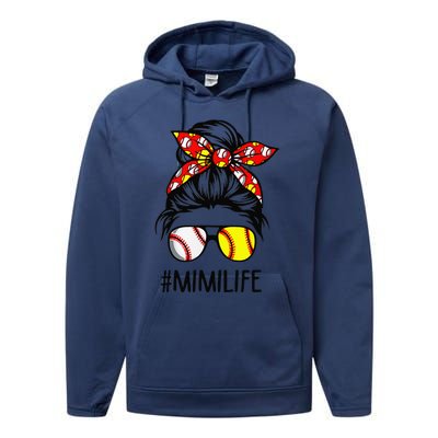 Classy Mimi Life Softball Baseball Mother's Day Messy Bun Performance Fleece Hoodie